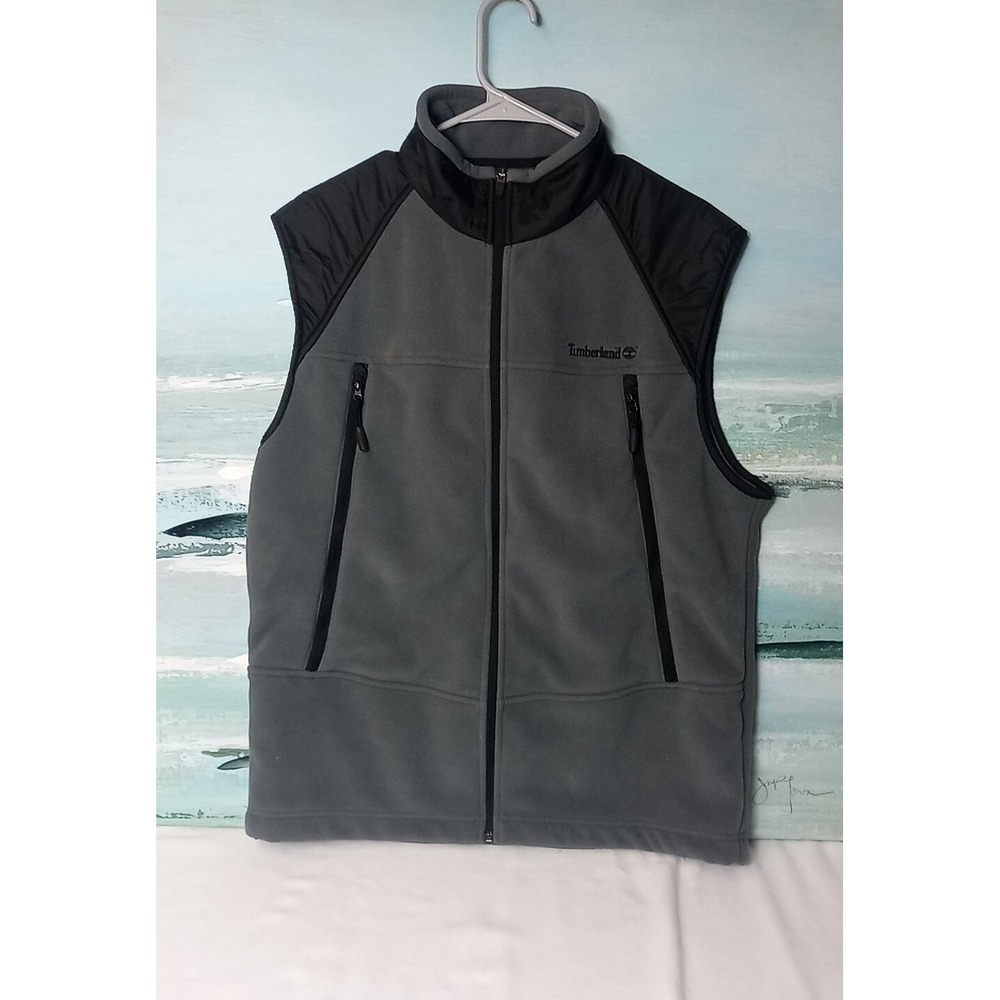 Timberland Fleece Vest Mens Small Gray And Black Full Zip Sleeveless Jacket